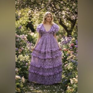 Rare For Love & Lemons Lace Tiered Lilac Lavender Ruffles Gown Dress S